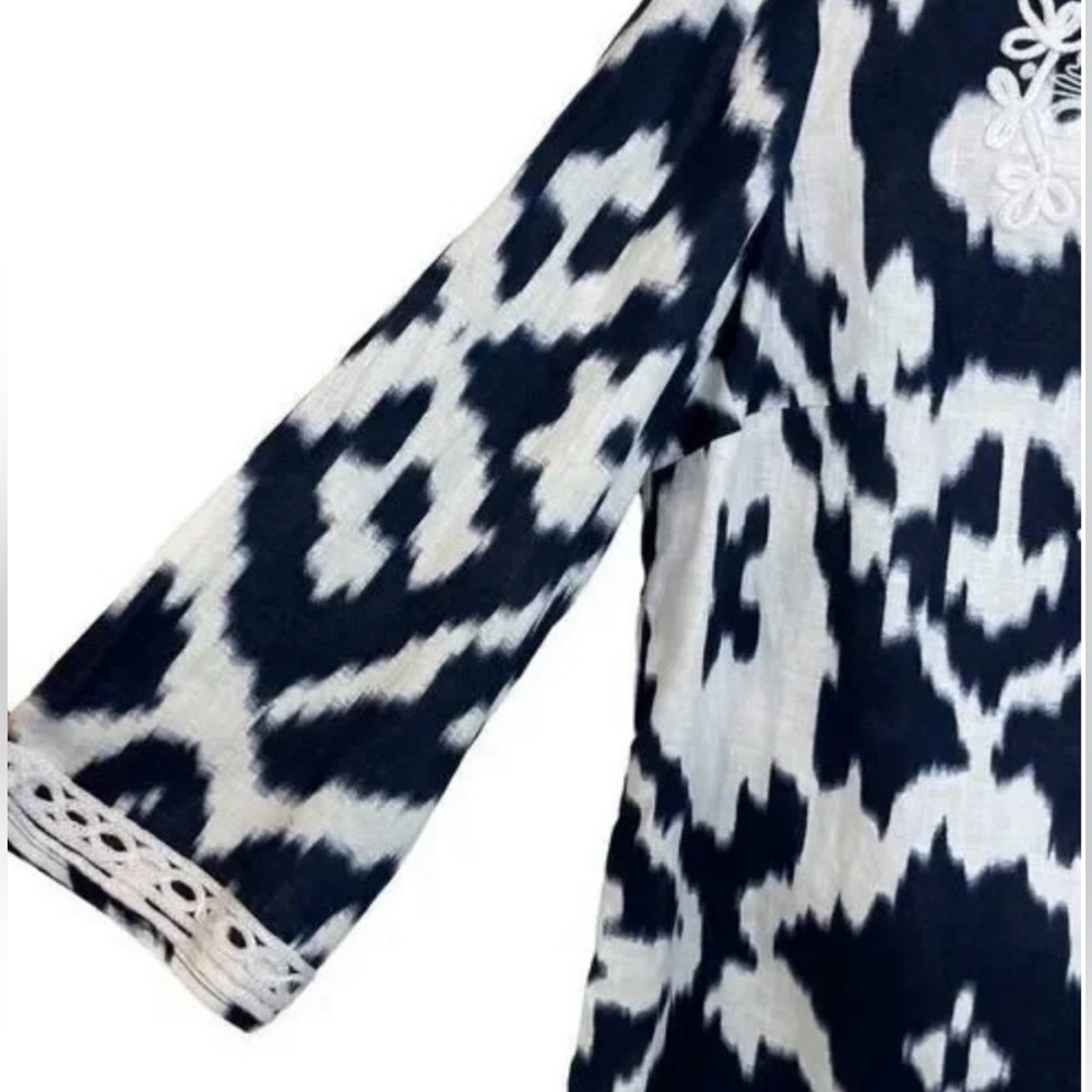 Jones New York Signature Navy Blue White 100% Linen Embroidered Tunic Top Size M - Picture 4 of 9